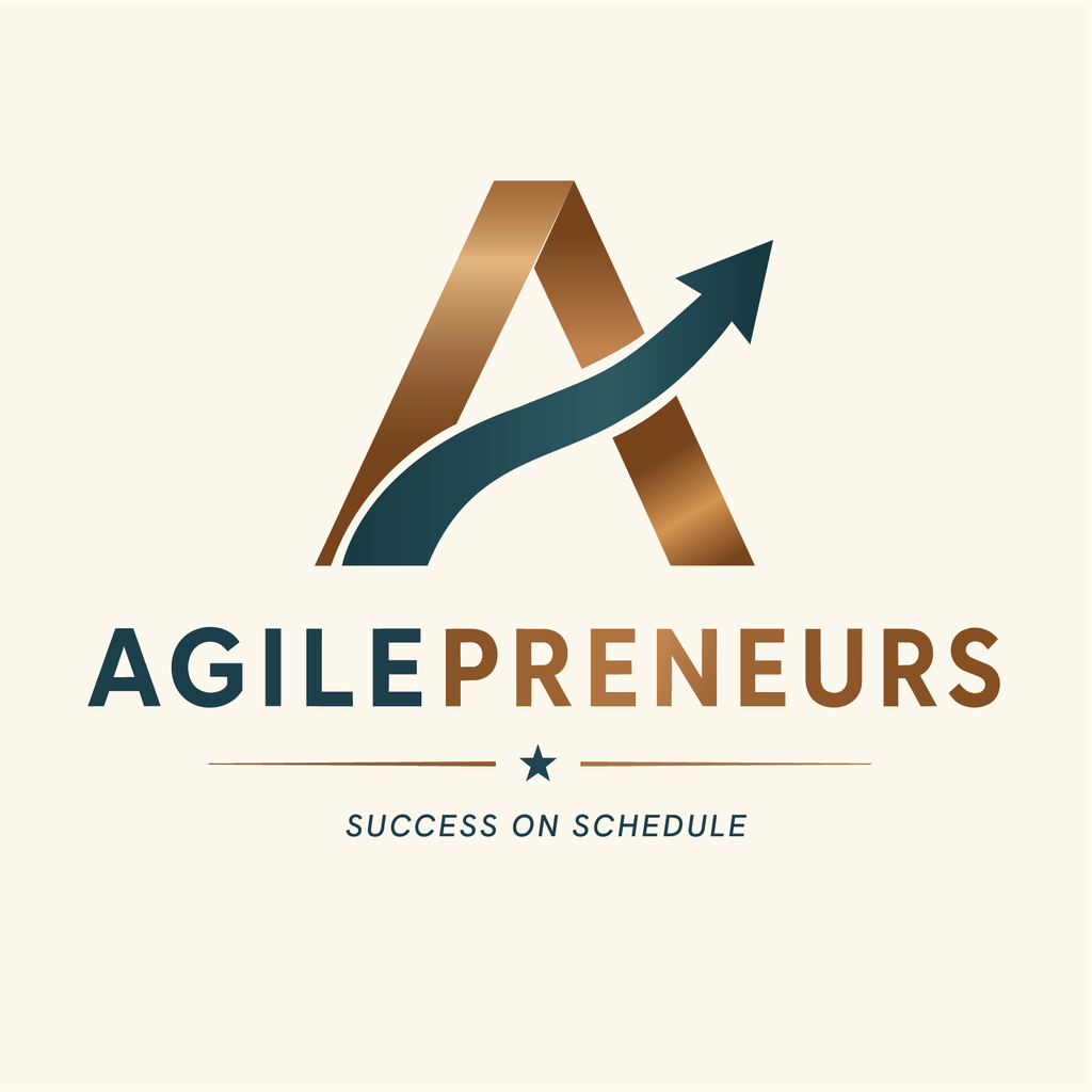 Agilepreneurs logo: a bronze letter A with a rising teal arrow. Success on Schedule.